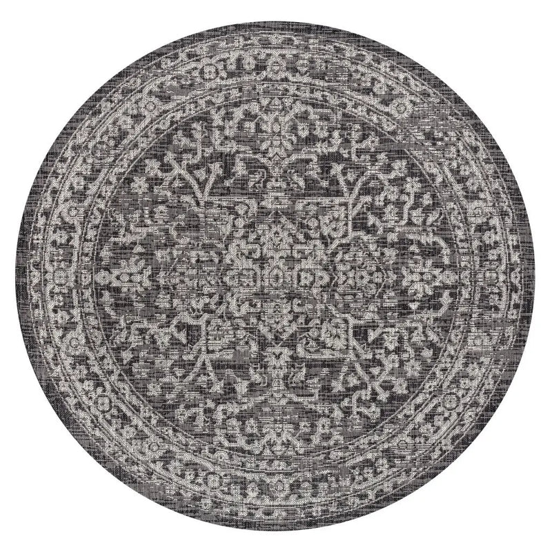 5' Black And Gray Round Medallion Indoor Outdoor Area Rug Homeroots Outdoor