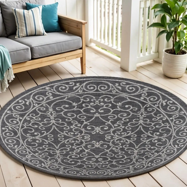 5' Black And Gray Round Medallion Indoor Outdoor Area Rug Homeroots Outdoor