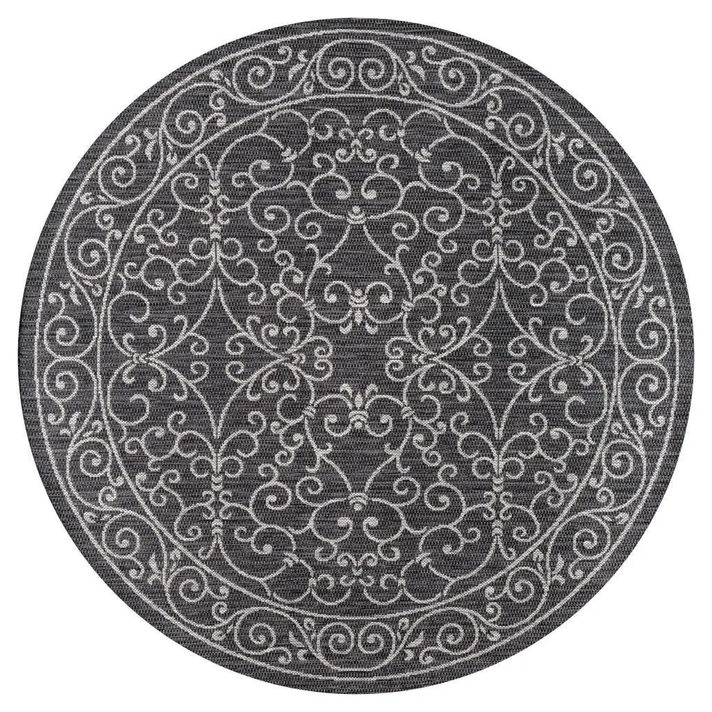 5' Black And Gray Round Medallion Indoor Outdoor Area Rug Homeroots Outdoor