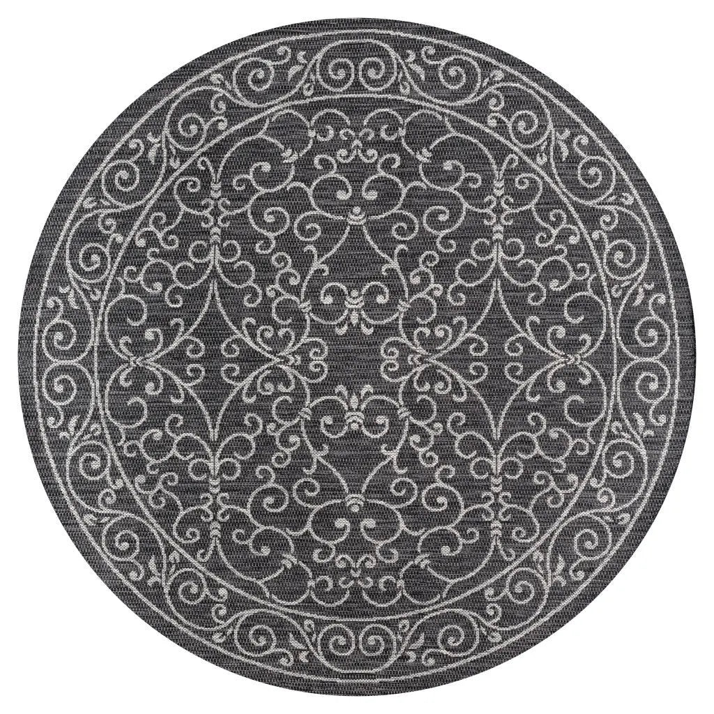 5' Black And Gray Round Medallion Indoor Outdoor Area Rug Homeroots Outdoor