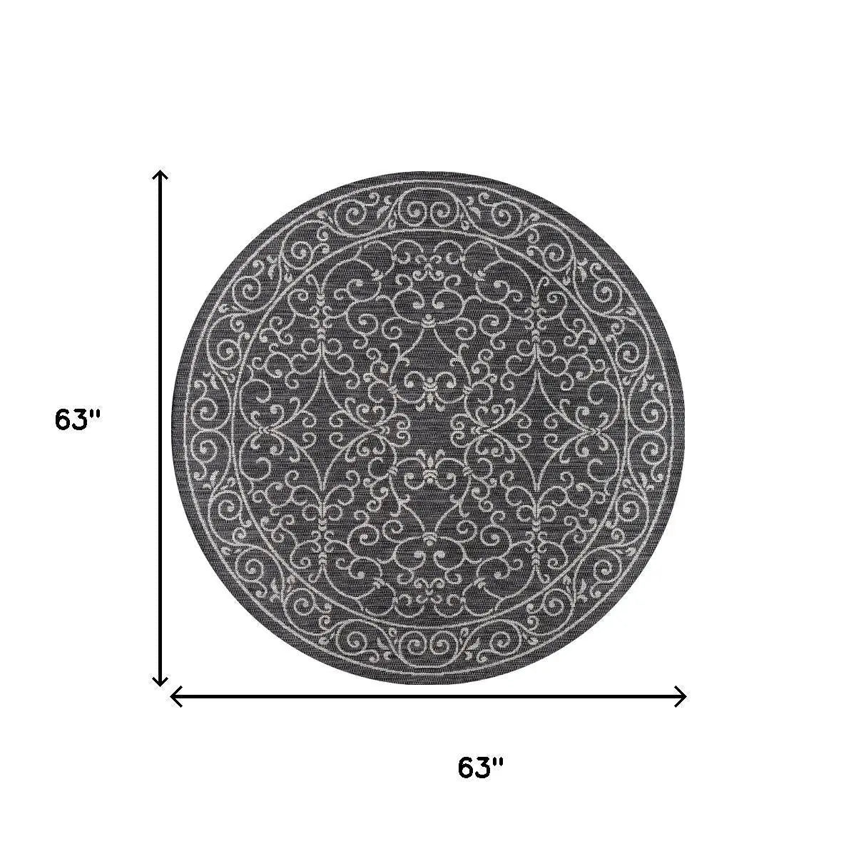 5' Black And Gray Round Medallion Indoor Outdoor Area Rug Homeroots Outdoor