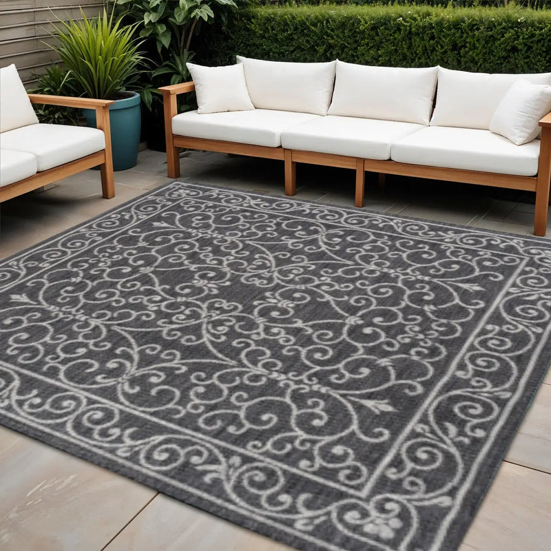 5' Black And Gray Square Medallion Indoor Outdoor Area Rug Homeroots Outdoor