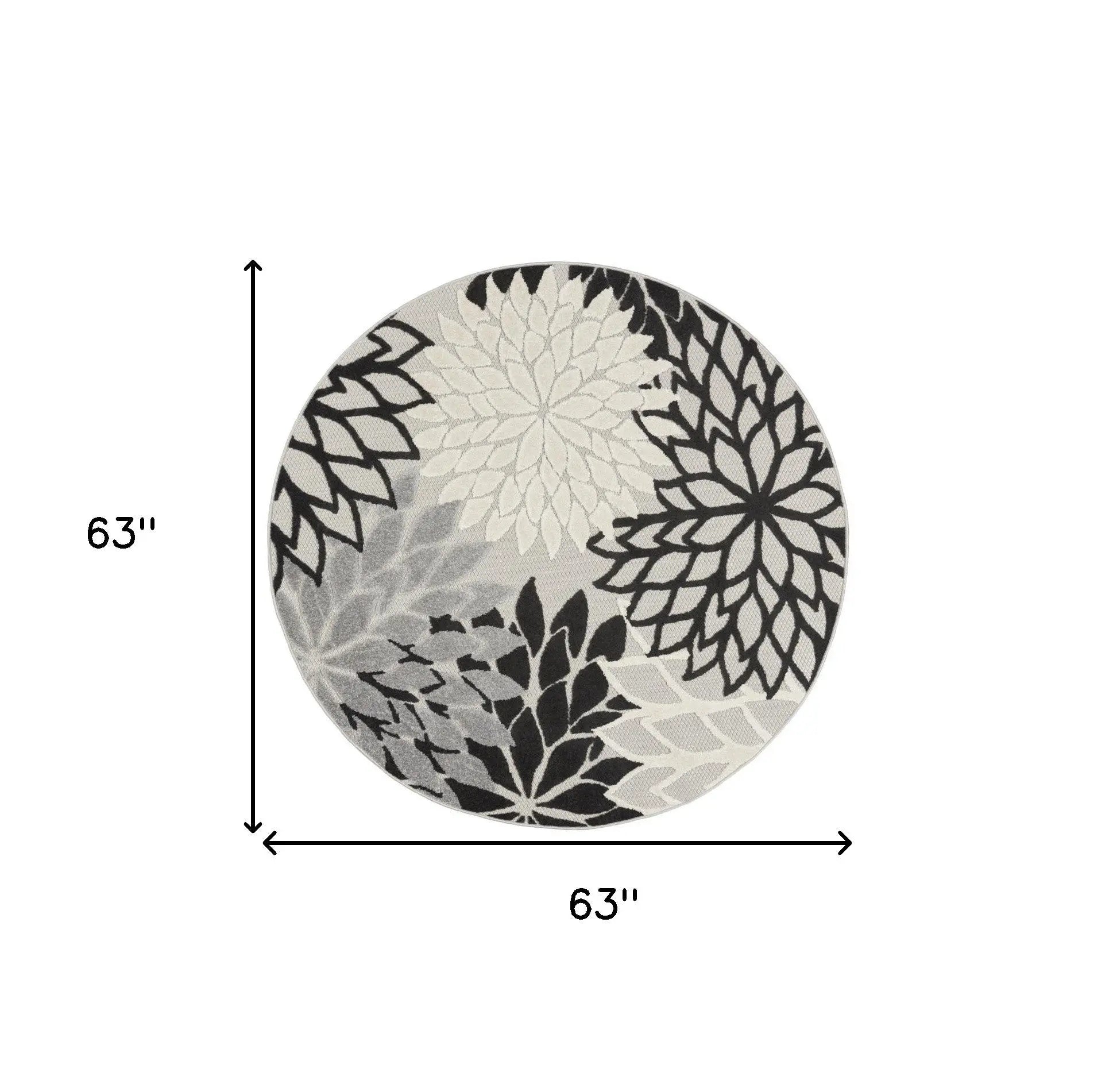 5' Black And White Round Floral Indoor Outdoor Area Rug Homeroots Outdoor