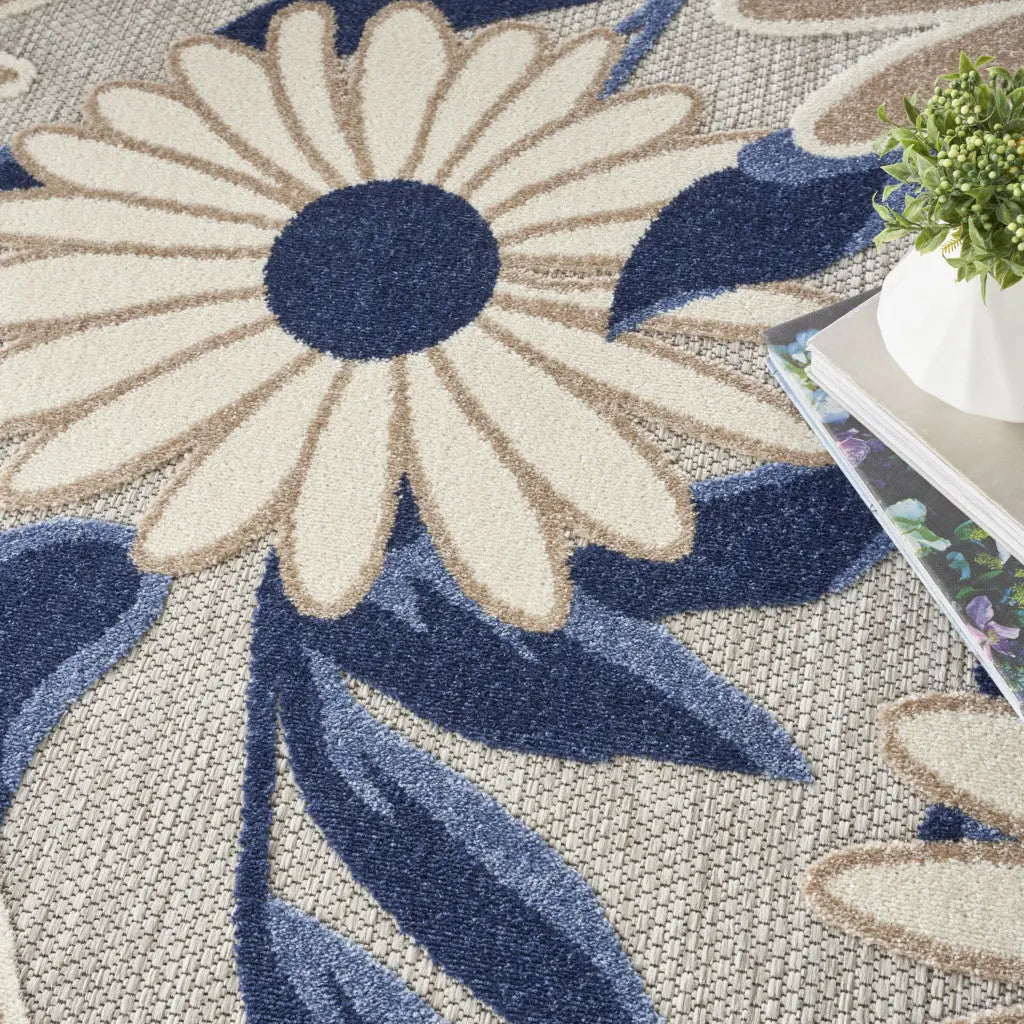 5' Blue And Gray Round Floral Indoor Outdoor Area Rug Homeroots Outdoor
