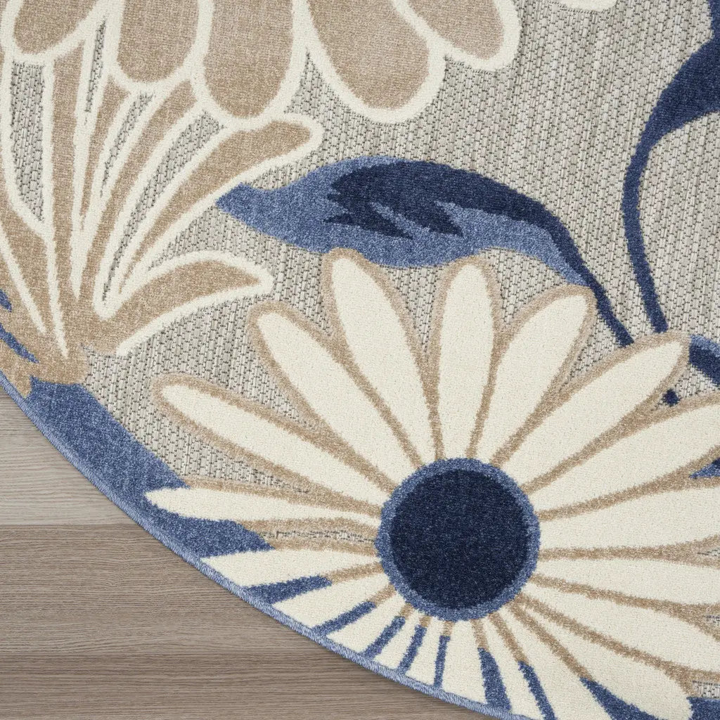 5' Blue And Gray Round Floral Indoor Outdoor Area Rug Homeroots Outdoor