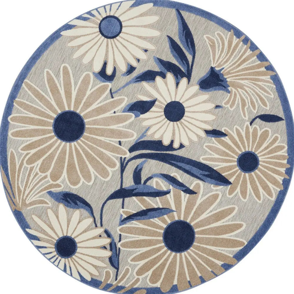 5' Blue And Gray Round Floral Indoor Outdoor Area Rug Homeroots Outdoor