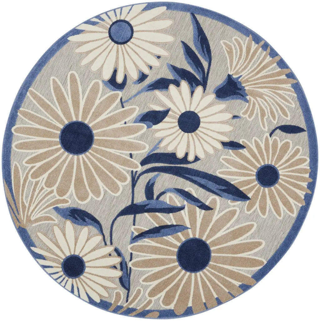 5' Blue And Gray Round Floral Indoor Outdoor Area Rug Homeroots Outdoor
