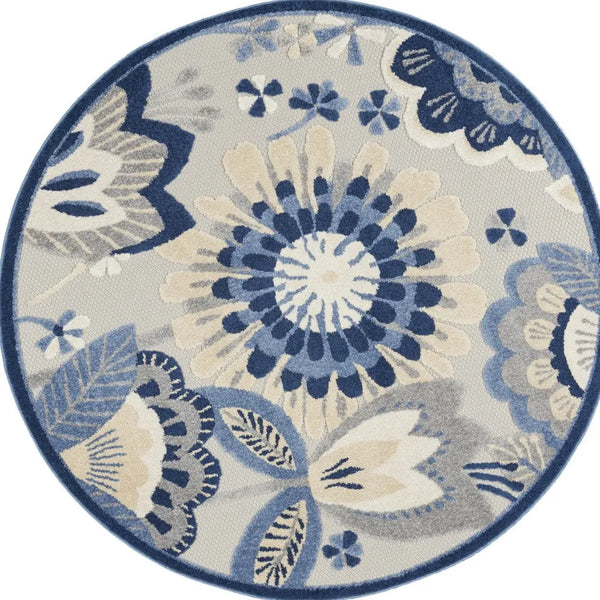 5' Blue And Gray Round Floral Indoor Outdoor Area Rug Homeroots Outdoor