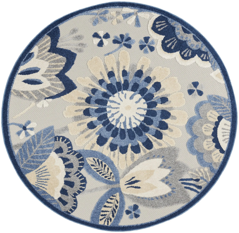 5' Blue And Gray Round Floral Indoor Outdoor Area Rug Homeroots Outdoor