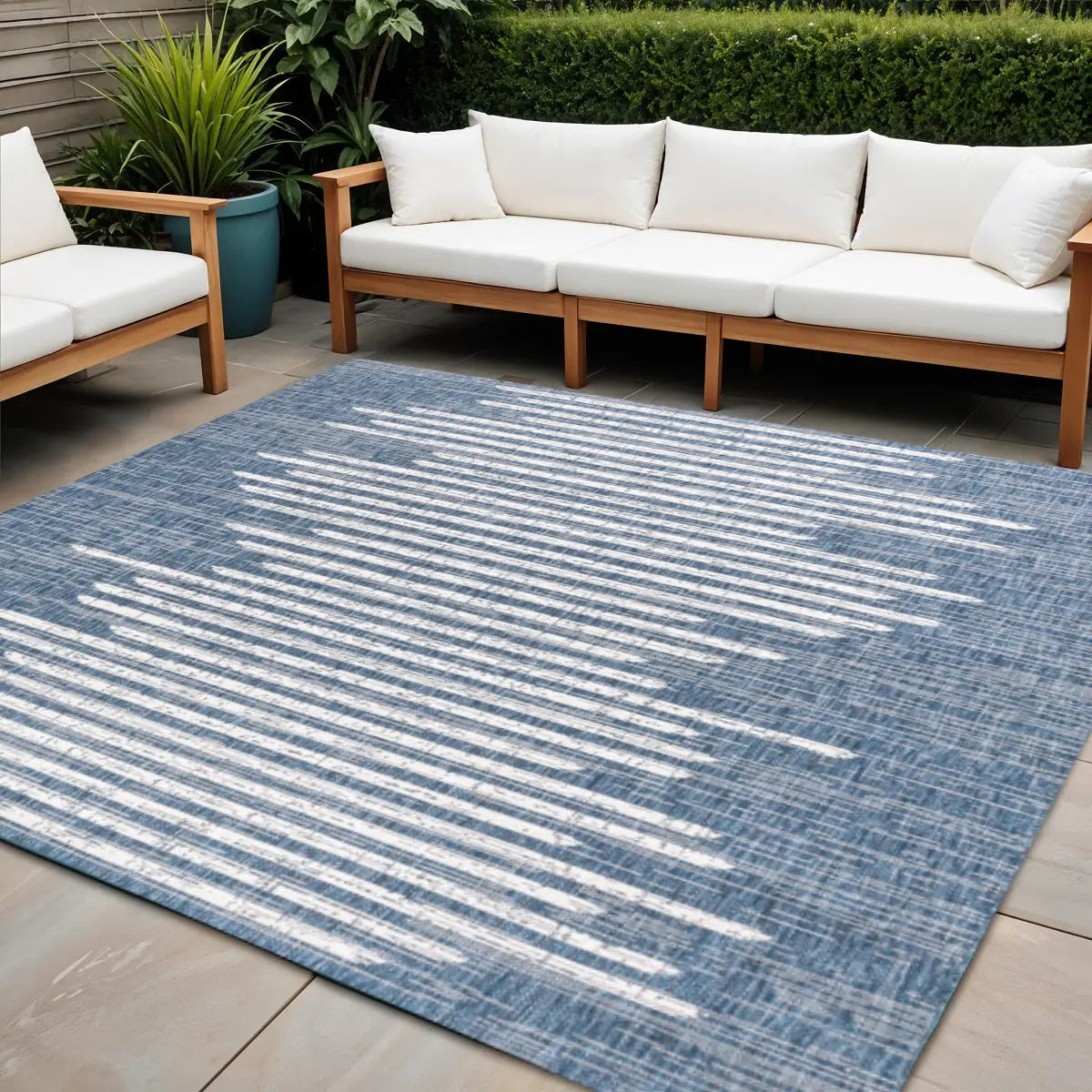 5' Blue And Ivory Square Striped Indoor Outdoor Area Rug Homeroots Outdoor