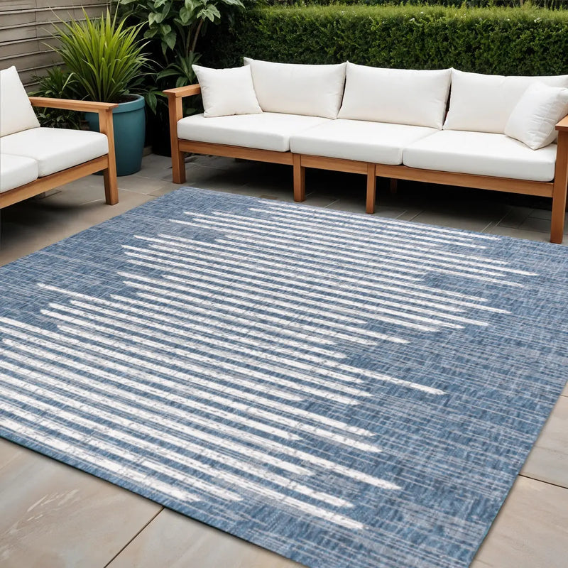 5' Blue And Ivory Square Striped Indoor Outdoor Area Rug Homeroots Outdoor