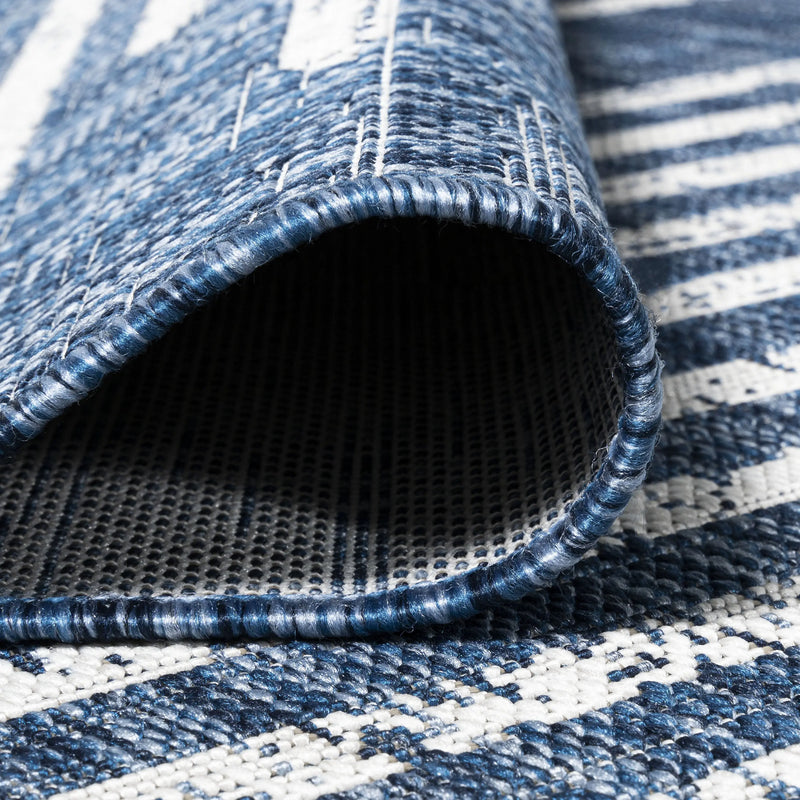 5' Blue And Ivory Square Striped Indoor Outdoor Area Rug Homeroots Outdoor