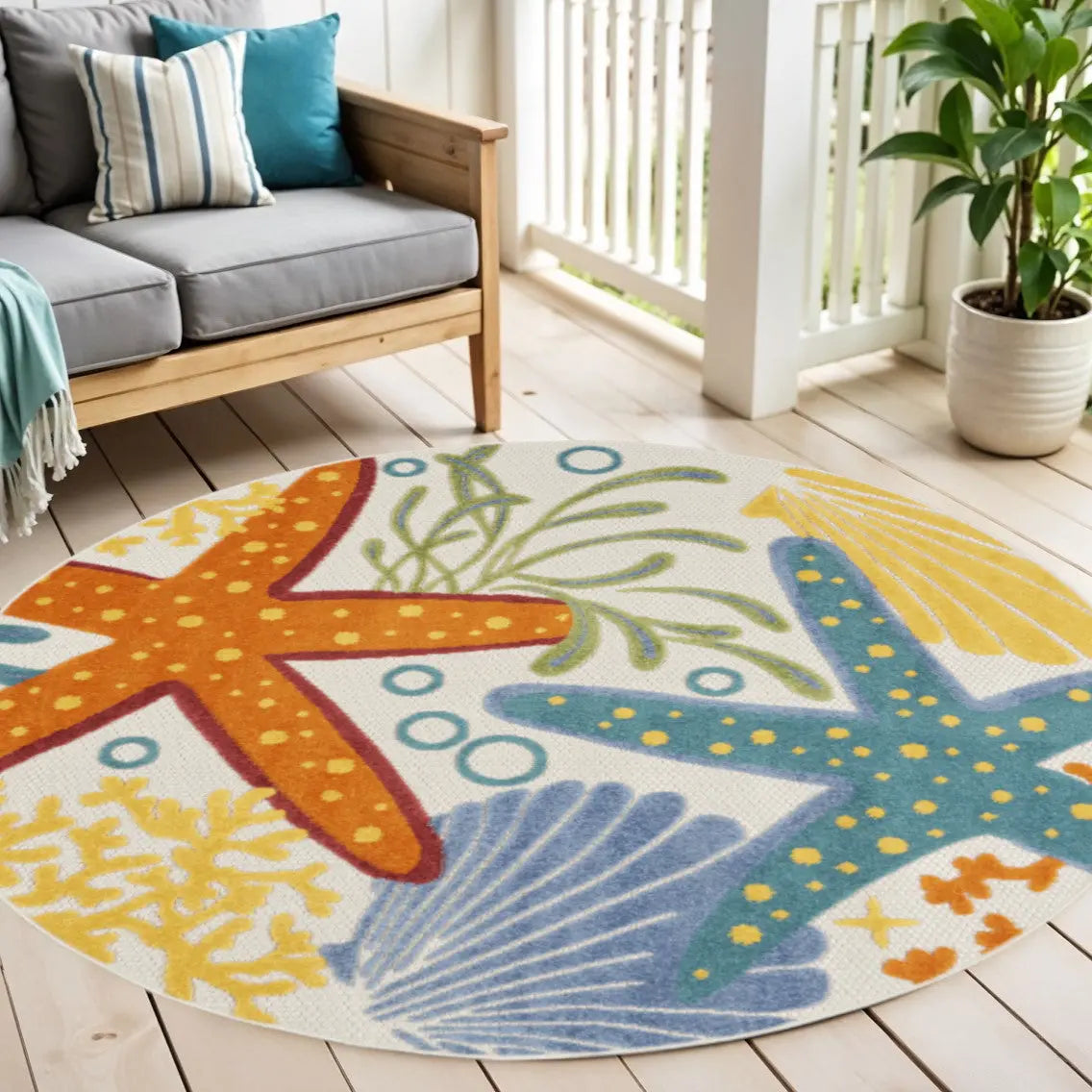 5' Blue Yellow And Orange Round Starfish Indoor Outdoor Area Rug Homeroots Outdoor