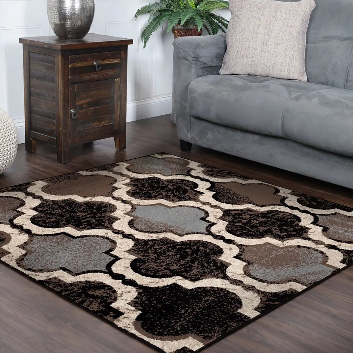 5' Brown Black And Ivory Quatrefoil Distressed Square Rug Homeroots Home Decor