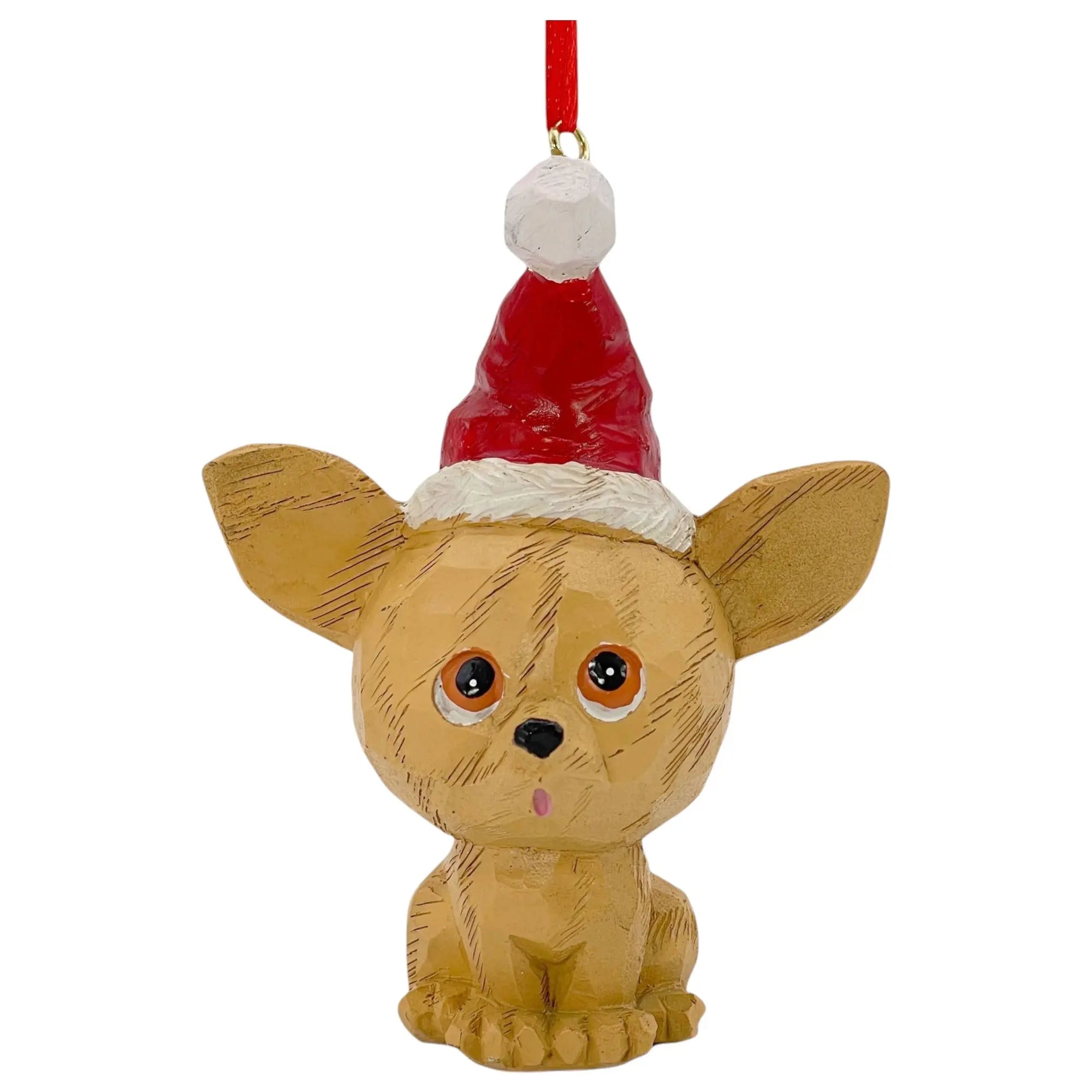 Adorable brown Chihuahua ornament wearing a red Santa hat, made from durable resin, perfect for festive decor.