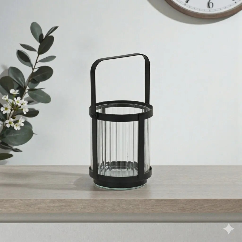 5" Clear And Black Glass And Metal Tabletop Lantern Candle Holder Homeroots Home Decor