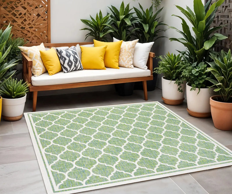 5' Cream And Green Square Geometric Indoor Outdoor Area Rug Homeroots Outdoor