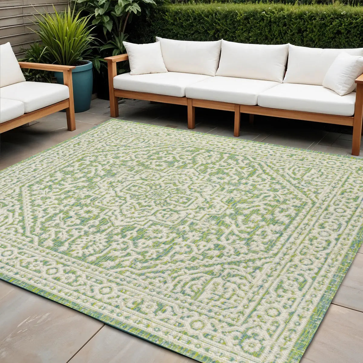 5' Cream And Green Square Medallion Indoor Outdoor Area Rug Homeroots Outdoor