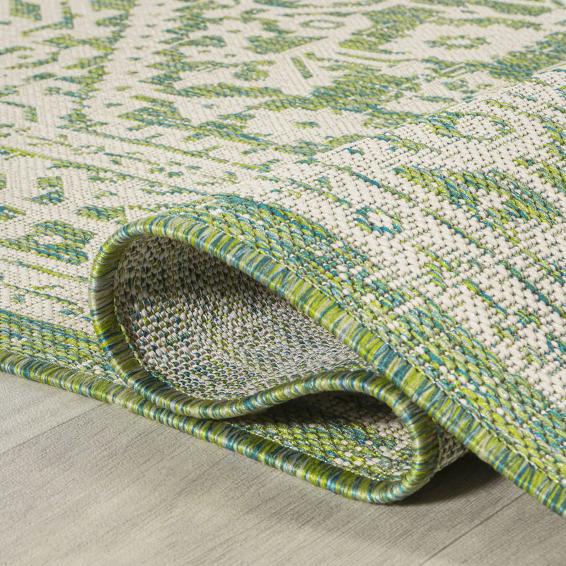 5' Cream And Green Square Medallion Indoor Outdoor Area Rug Homeroots Outdoor