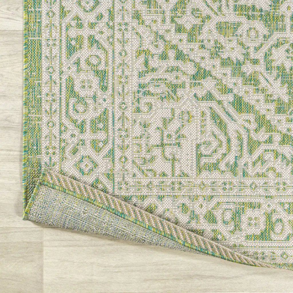 5' Cream And Green Square Medallion Indoor Outdoor Area Rug Homeroots Outdoor