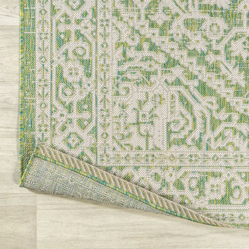 5' Cream And Green Square Medallion Indoor Outdoor Area Rug Homeroots Outdoor