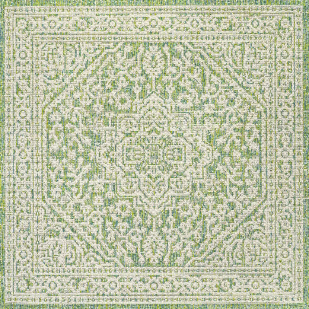 5' Cream And Green Square Medallion Indoor Outdoor Area Rug Homeroots Outdoor