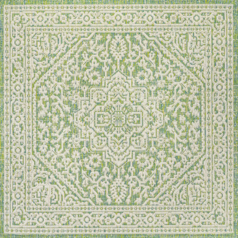5' Cream And Green Square Medallion Indoor Outdoor Area Rug Homeroots Outdoor