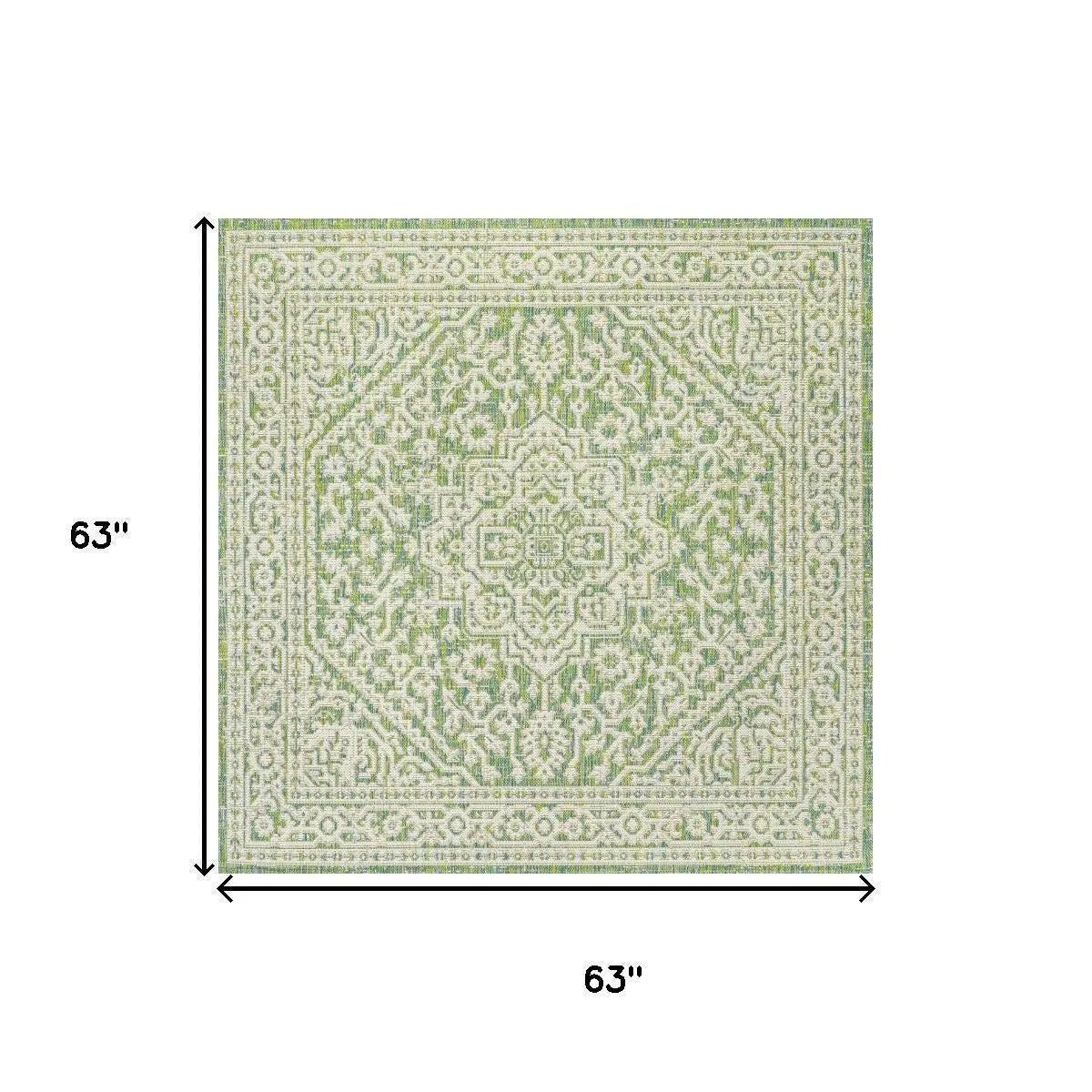 5' Cream And Green Square Medallion Indoor Outdoor Area Rug Homeroots Outdoor