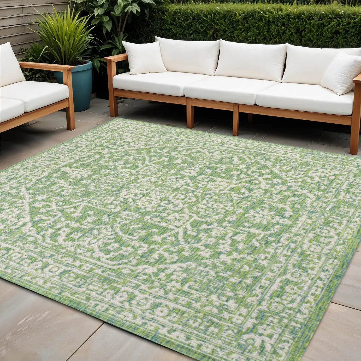 5' Cream And Green Square Medallion Indoor Outdoor Area Rug Homeroots Outdoor