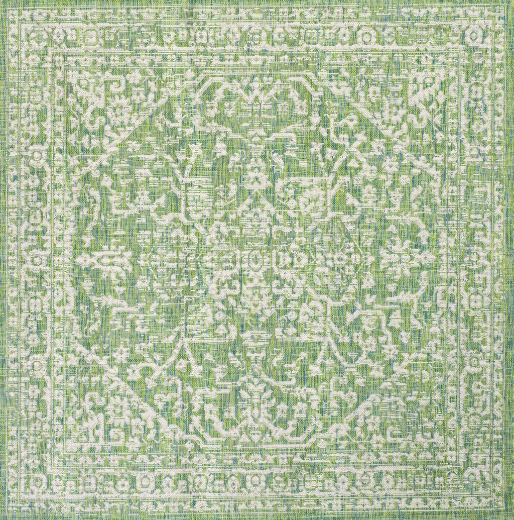 5' Cream And Green Square Medallion Indoor Outdoor Area Rug Homeroots Outdoor