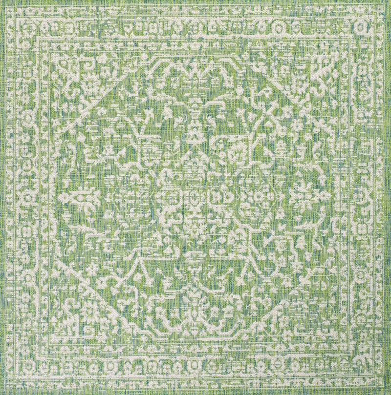 5' Cream And Green Square Medallion Indoor Outdoor Area Rug Homeroots Outdoor