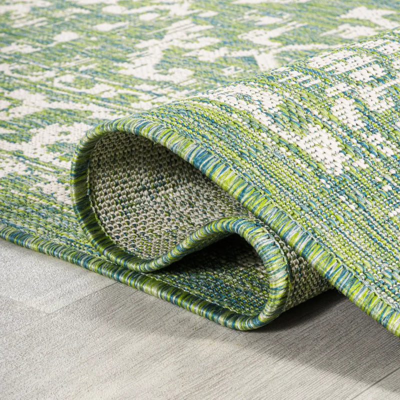 5' Cream And Green Square Medallion Indoor Outdoor Area Rug Homeroots Outdoor