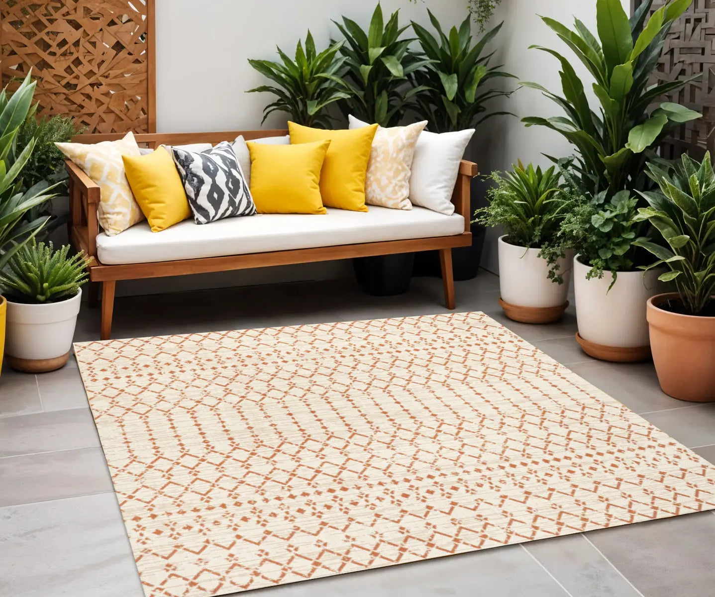 5' Cream And Orange Square Trellis Indoor Outdoor Area Rug Homeroots Outdoor