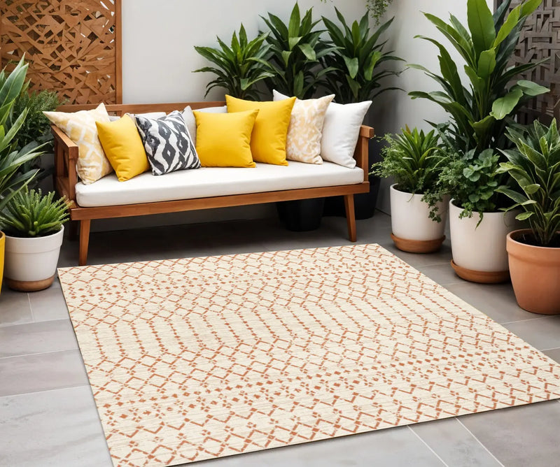 5' Cream And Orange Square Trellis Indoor Outdoor Area Rug Homeroots Outdoor