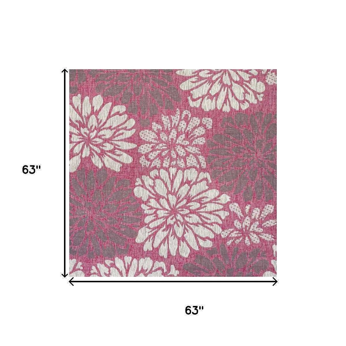 5' Fuchsia And Light Gray Square Floral Indoor Outdoor Area Rug Homeroots Outdoor