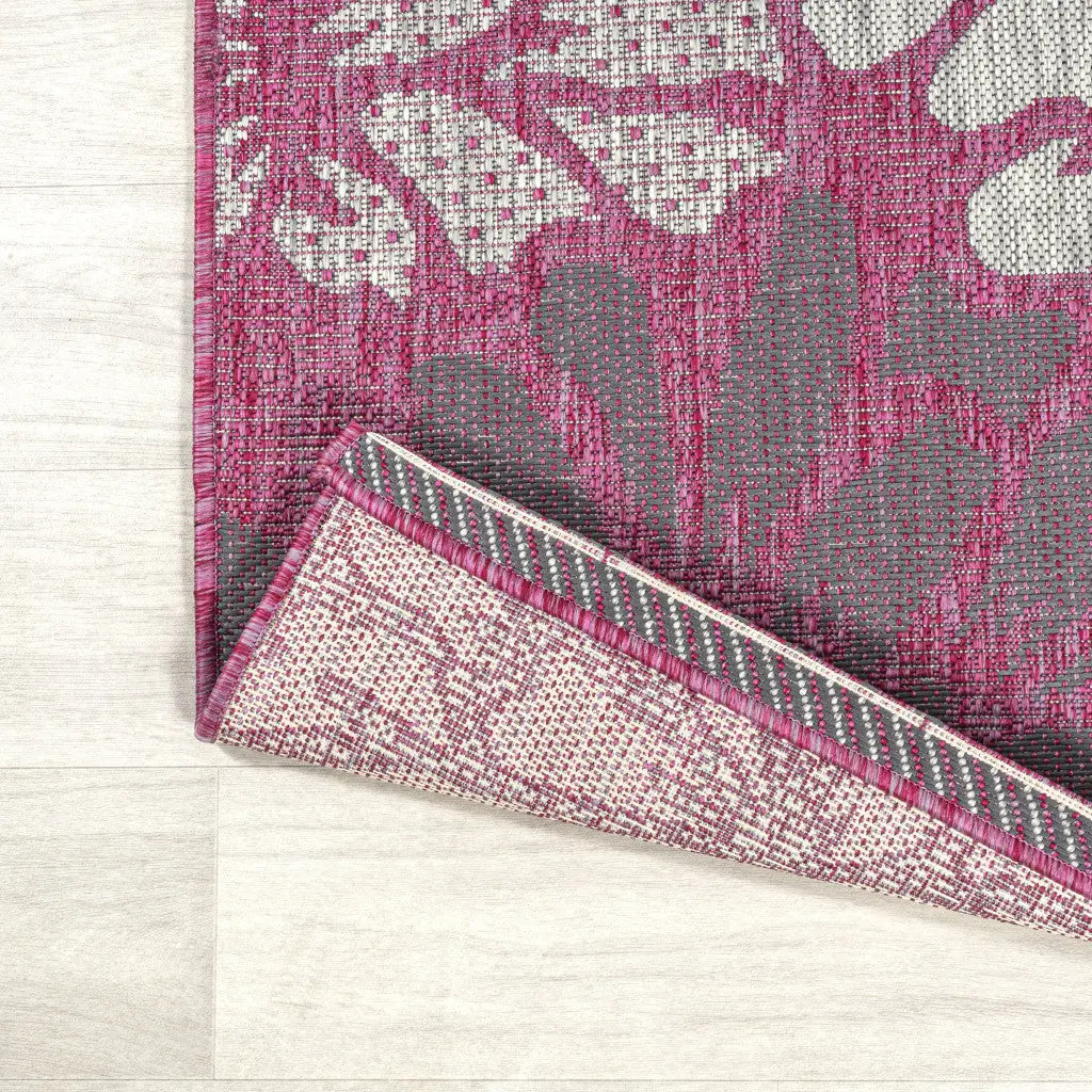 5' Fuchsia And Light Gray Square Floral Indoor Outdoor Area Rug Homeroots Outdoor