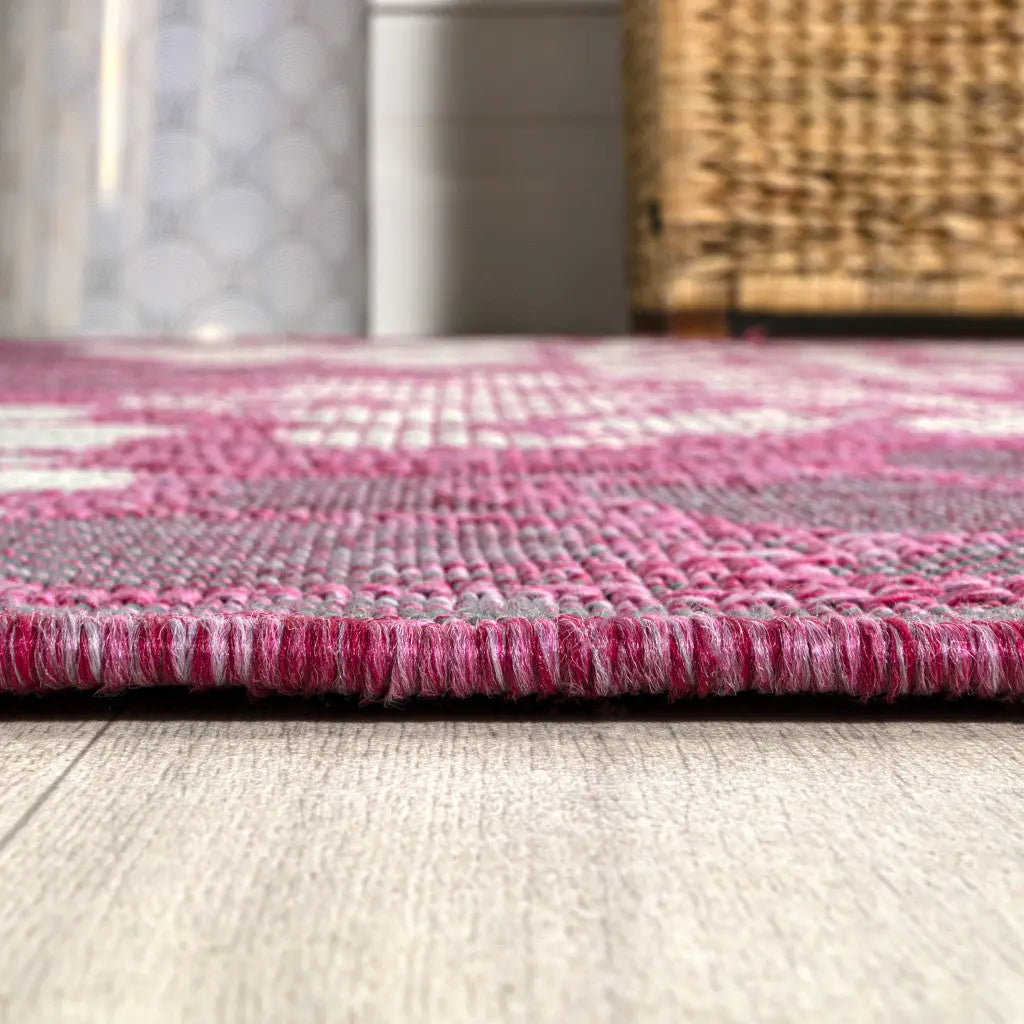 5' Fuchsia And Light Gray Square Floral Indoor Outdoor Area Rug Homeroots Outdoor