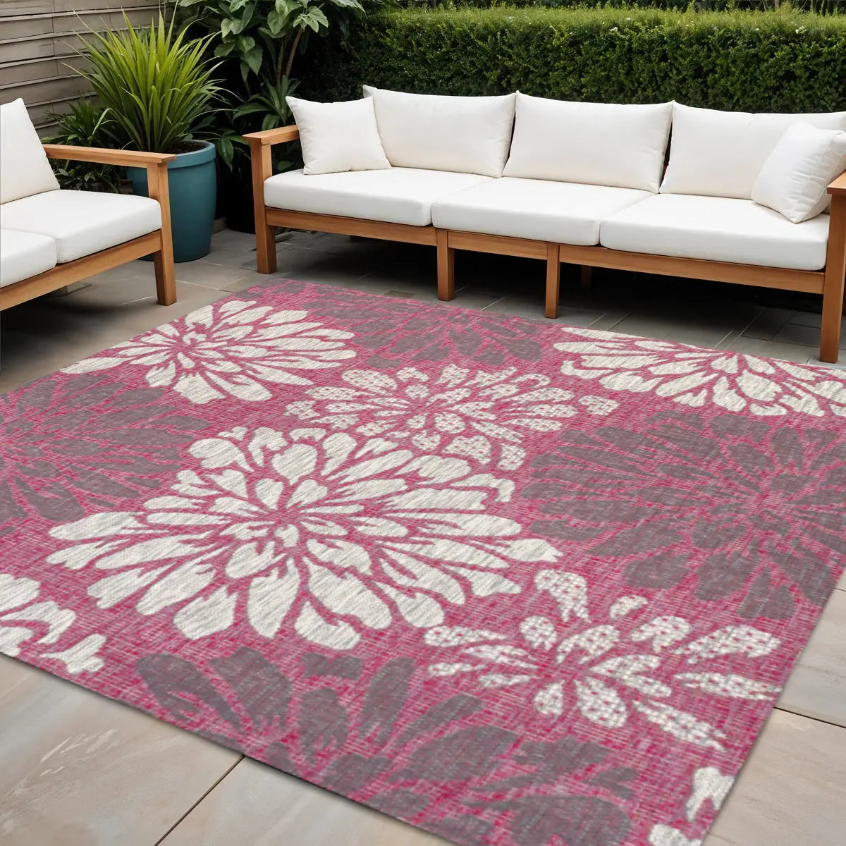 5' Fuchsia And Light Gray Square Floral Indoor Outdoor Area Rug Homeroots Outdoor