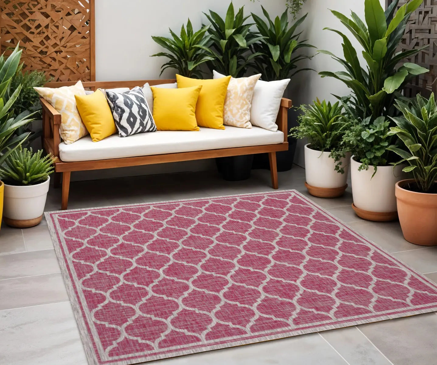 5' Fuchsia And Light Gray Square Geometric Indoor Outdoor Area Rug Homeroots Outdoor
