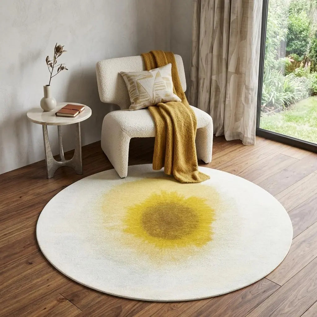5' Gold And White Abstract Washable Round Rug With UV Protection Homeroots Home Decor