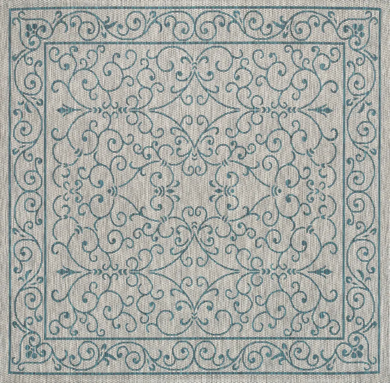 5' Gray And Teal Blue Square Medallion Indoor Outdoor Area Rug Homeroots Outdoor