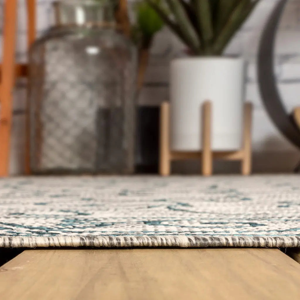 5' Gray And Teal Blue Square Medallion Indoor Outdoor Area Rug Homeroots Outdoor