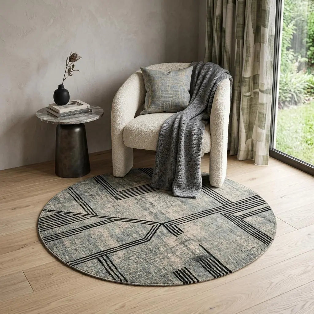 5' Gray And White Abstract Washable Round Rug With UV Protection Homeroots Home Decor