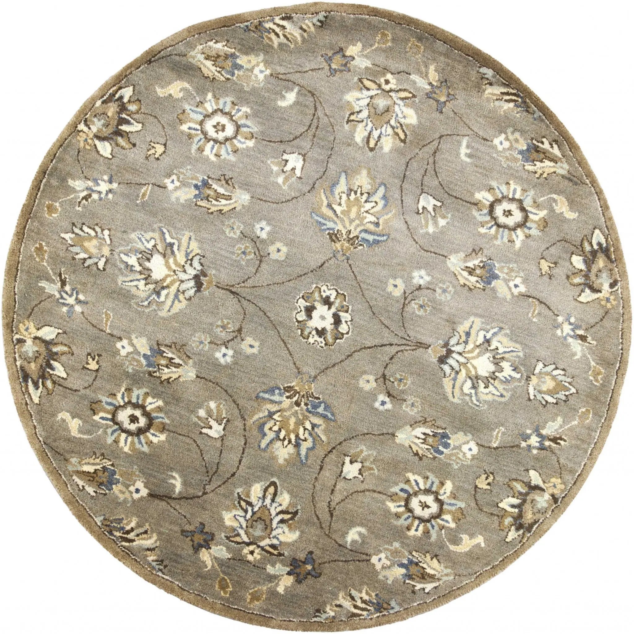 5' Gray Ivory And Brown Wool Floral Hand Tufted Round Rug Homeroots Home Decor