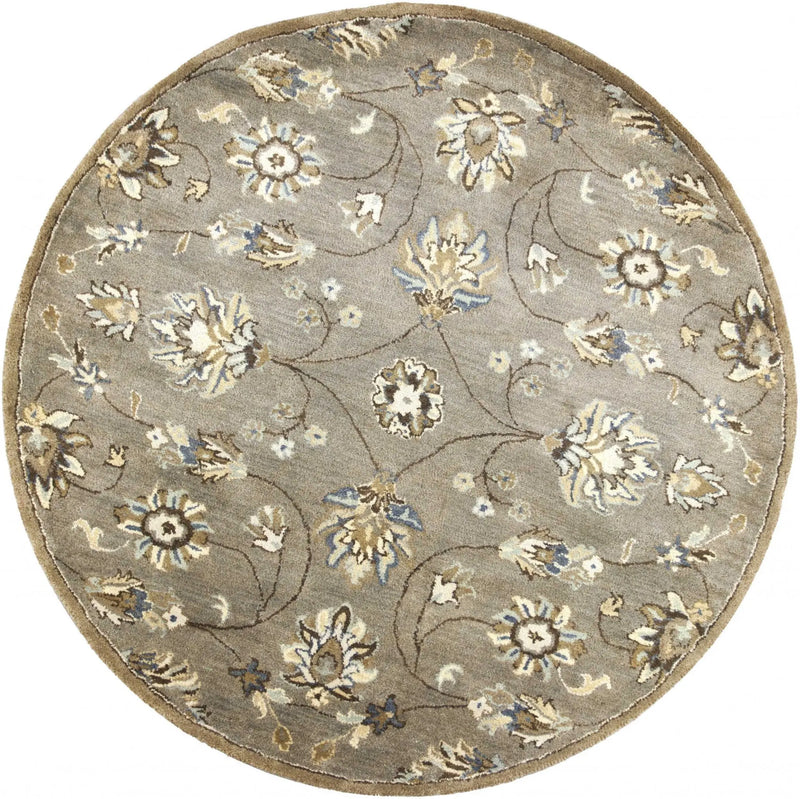 5' Gray Ivory And Brown Wool Floral Hand Tufted Round Rug Homeroots Home Decor