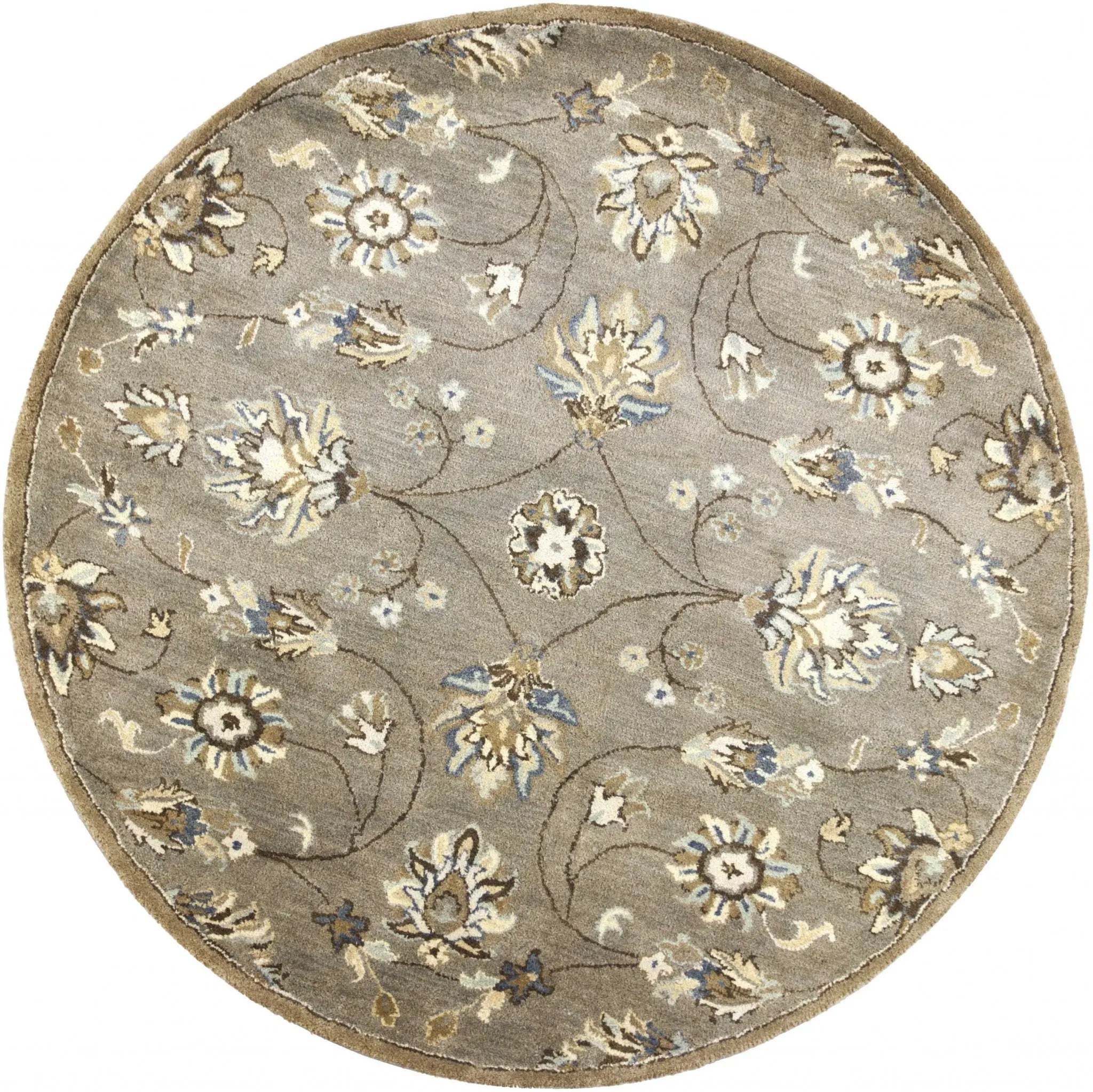 5' Gray Ivory And Brown Wool Floral Hand Tufted Round Rug Homeroots Home Decor