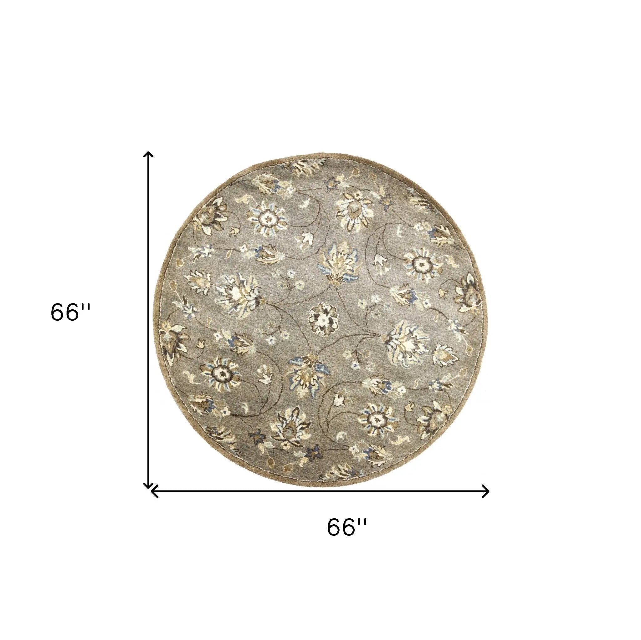 5' Gray Ivory And Brown Wool Floral Hand Tufted Round Rug Homeroots Home Decor