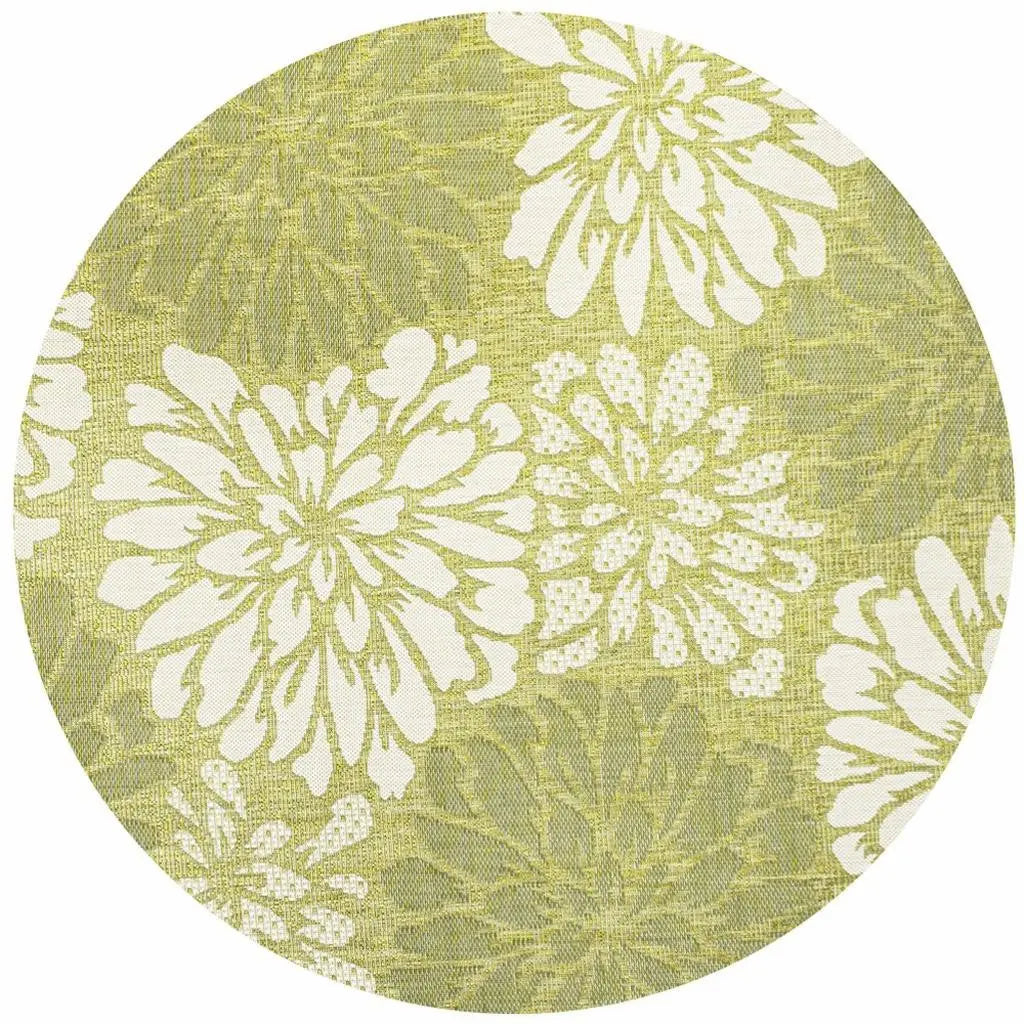 5' Green And Cream Round Floral Indoor Outdoor Area Rug Homeroots Outdoor