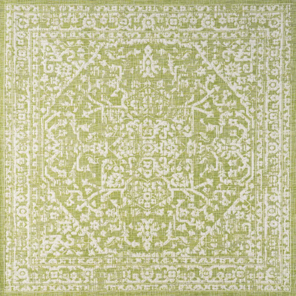 5' Green And Cream Square Medallion Indoor Outdoor Area Rug Homeroots Outdoor