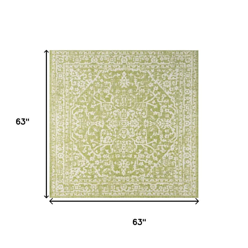 5' Green And Cream Square Medallion Indoor Outdoor Area Rug Homeroots Outdoor